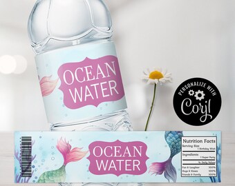 Bearbeitbare Meerjungfrau Wasserflasche: DIY Party Etiketten (Digitale Datei)