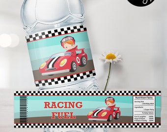 Bewerkbare waterfleslabels racewagen: Racing verjaardagsfeestje (digitaal)