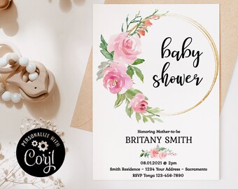 Editable Roses Party Invitation, Baby Shower Invitation, Bridal Shower Invitation, Roses Invitation, Formal Invitation, Baby Shower, Wedding