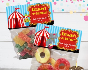 Carnival Circus Birthday Party Favor Stickers & Bags Set