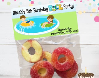Pool Party Favor Bags: Personalized Swimming Birthday Treat Stickers