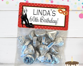 Heels & Mask Birthday Favor Bags: Personalized Milestone Party Stickers