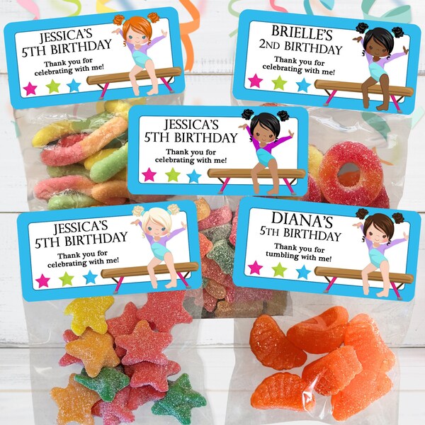 Pegatinas y bolsas de recuerdo para fiesta de cumpleaños de gimnasia