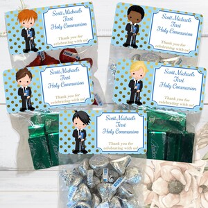 May include: Blue and gold favor bags with personalized labels for a First Holy Communion celebration. The labels feature a cartoon boy in a suit and the text "Scott Michael's First Holy Communion" with the message "Thank you for celebrating with us!"