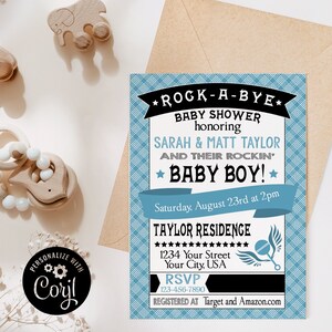 K&ouml;nnte beinhalten: Blau-wei&szlig;e Babyparty-Einladung mit dem Text "Rock-A-Bye Baby Shower zu Ehren von Sarah & Matt Taylor und ihrem rockenden Baby Boy!" Samstag, 23. August um 14:00 Uhr. Taylor Residence 1234 Your Street Your City, USA RSVP 123-456-7890 Registriert bei Target und Amazon.com