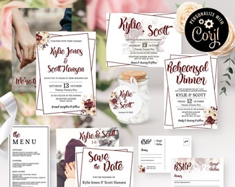 Bruiloft uitnodigingssuite bordeauxrode bloemen: bewerkbare sjabloon (digitale download)