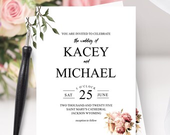 Sjabloon bruiloft uitnodiging bordeauxrode bloemen: bewerkbaar boho-ontwerp (digitale download)