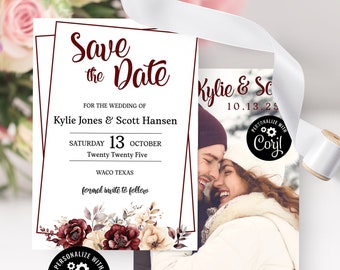 Bourgondische bloemen Save the Date-uitnodiging: boho-bruiloft (digitaal bestand)