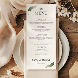 Plantilla de menú de boda boho, menú de cena de boda moderno, imprimible, descarga digital, menú de cena de recepción editable, flores y hojas
