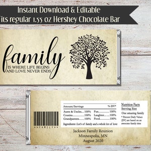 Editable Family Reunion Candy Bar Wrapper, Family Reunion Favors, Reunion Favors, DIY, Digital File, Family Gathering, Instant Download