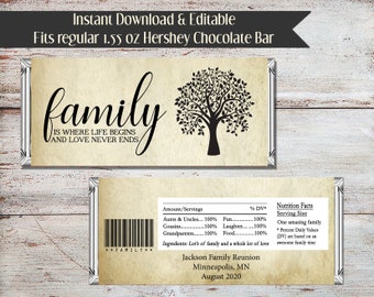 Editable Family Reunion Candy Bar Wrapper, Family Reunion Favors, Reunion Favors, DIY, Digital File, Family Gathering, Instant Download