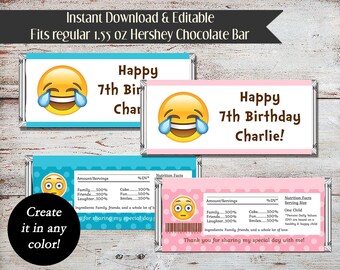May include: Printable 1.55 oz Hershey chocolate bar wrapper template with a crying laughing emoji and the text "Happy 7th Birthday Charlie!" in brown text. The wrapper is blue and pink with white polka dots. The text "Create it in any color!" is in a black circle.