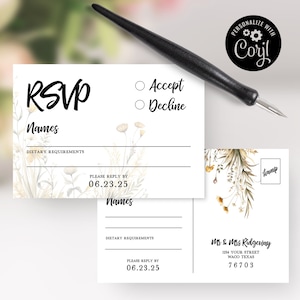 Cartões RSVP de casamento em aquarela de flores silvestres bege, casamento Boho, convites de casamento florais, arquivo digital, cartão postal RSVP ou inserção, editável