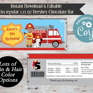 Editable Fireman Candy Wrapper, Fire Truck Candy Bar Wrapper, Fireman Party Favors, Fire Fighter, Girl, Boy, Instant Download, Firetruck