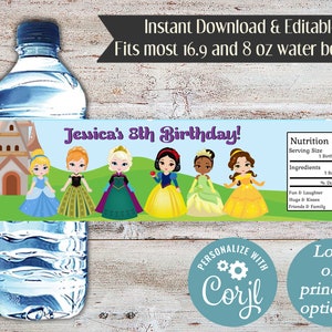 Bearbeitbare Prinzessin Geburtstagsflaschenverpackung, Prinzessin Wasserflaschenetiketten, Prinzessin Party Favor, Prinzessin Party, Mädchen Geburtstag, Digital