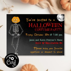 Invitación de Halloween esqueleto, invitación de cumpleaños de Halloween, invitación de fiesta de Halloween para adultos, archivo digital, descarga instantánea, editable