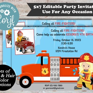 May include: A 5x7 inch editable party invitation featuring a red fire truck with a firefighter girl holding a hose. The invitation is for a 4th birthday party and includes the text "Calling all FIRE-FIGHTERS! Come help us celebrate KENDRA'S 4TH BIRTHDAY!" with the date, time, and location of the party.