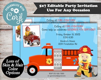 Editable Fireman Birthday Party Invitations, Photo Birthday Invitation, Fireman Birthday Invitations, Fire Fighter Invitations, Girl or Boy