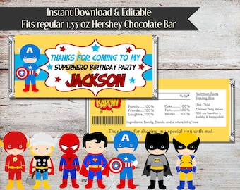 Editable Superhero Candy Bar Wrapper, Super Hero Candy Bar Wrapper, Superhero Candy Bar Wrapper, Superhero Wrappers, Digital, Birthday