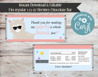 May include: A printable chocolate bar wrapper featuring a cartoon llama wearing sunglasses. The wrapper is pink and blue with the text "Thank you for making my party a whole llama fun!" and "Personalized with Corjl".