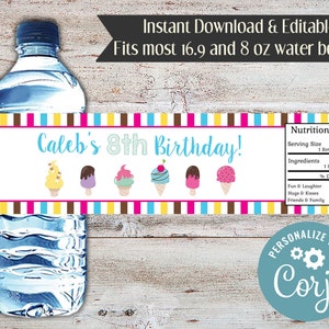 Editable Ice Cream Birthday Party Water Bottle Label (Digital File)