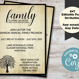 Editable Family Reunion Invitation, Family Reunion, Reunion, Family Gathering, Family Party, Family Reunion Favors, Digital File, DIY