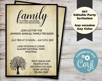 Editable Family Reunion Invitation, Family Reunion, Reunion, Family Gathering, Family Party, Family Reunion Favors, Digital File, DIY