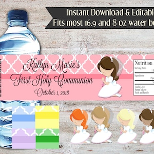 Etiquettes modifiables pour l&#39;eau première communion, Emballages première communion, Emballages pour bouteilles d&#39;eau, Étiquettes pour bouteilles d&#39;eau, Première communion, Beaucoup de couleurs