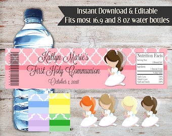 Editable First Communion Water Labels, First Communion Wrappers, Water Bottle Wrappers, Water Bottle Labels, First Communion, Lots of Colors