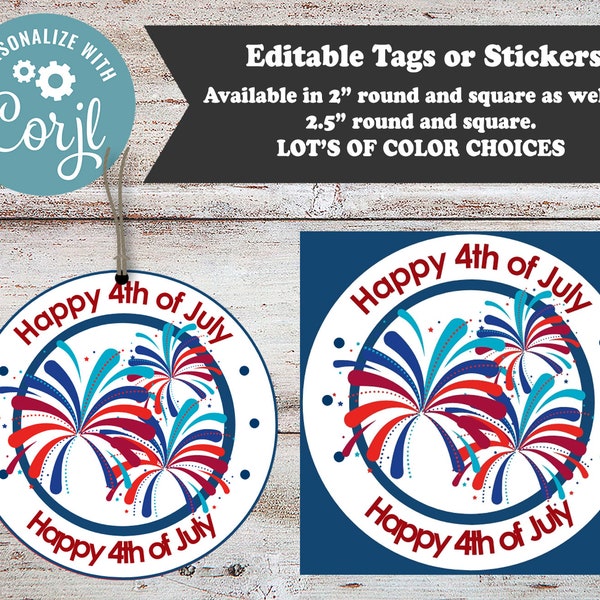 Editable 4th of July Tags, July 4th, Independence Day, July 4th Stickers, Fourth of July, July 4th Party Favors, Fireworks, Favor Tags, DIY