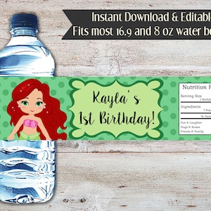 Editable Princess Ariel Birthday Water Bottle Label, Princess Water Bottle Labels, Ariel Water Bottle Labels, Little Mermaid, Digital
