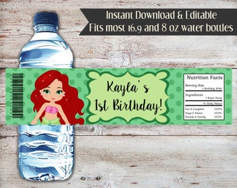 Editable Princess Ariel Birthday Water Bottle Label (Digital Download)