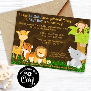 Safari Baby Shower Invitations: Jungle Animals, Giraffe Print (Digital File) image 1