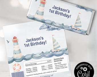 Nautische Candy Bar Verpackung: Bearbeitbare Ozean-Geburtstags-Gastgeschenke (Digitaler Download)