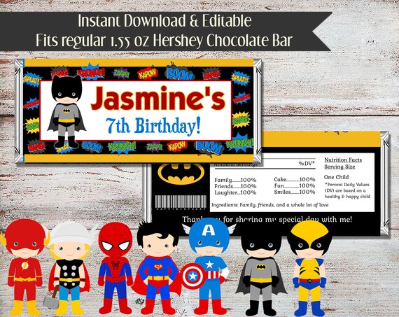 Editable Superhero Candy Bar Wrapper, Super Hero Candy Bar Wrapper, Superhero, Party Favors ...