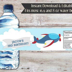 Editable Airplane Birthday Water Bottle Labels (Instant Download)