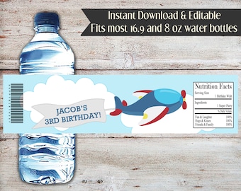 Editable Airplane Water Bottle Labels, Instant Download, Airplane Water Bottle Wrapper, Birthday Party Favors, Plane Water Labels, Pilot