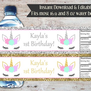 Editable Unicorn Water Wrapper, Unicorn Birthday, Unicorn Water Bottle, Unicorn Water Labels, Unicorn Favors, DIY, Instant Download