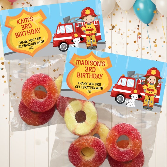 Fire Truck Birthday Party Favors: Personalized Sticker & Bag Sets
