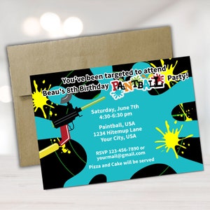 May include: A black and blue birthday party invitation with a paintball gun graphic and the text "You've been targeted to attend Beau's 8th Birthday Paintball Party!"  Saturday, June 7th 4:30-6:30 pm Paintball, USA 1234 Hitemup Lane Your City, USA RSVP 123-456-7890 or yourmail@gmail.com Pizza and Cake will be served