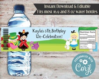 Editable Alice in Wonderland, Instant Download, Water Bottle Wrapper, Water Bottle, Alice In Wonderland Party Favors, Tea Party, Baby Shower