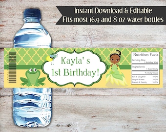 Prinses en de kikker verjaardagsverpakking waterflessen: bewerkbaar Tiana-feestje (digitaal)