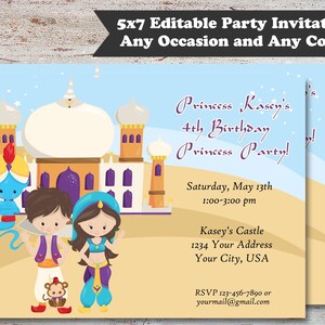 Pode incluir: Um convite de festa imprim&iacute;vel de 12,7 x 17,8 cm com uma princesa de desenho animado, um g&ecirc;nio e um pal&aacute;cio. O convite &eacute; para uma festa de anivers&aacute;rio de 4 anos e inclui o texto "Princess Kasey's 4th Birthday Princess Party!" e os detalhes do evento.