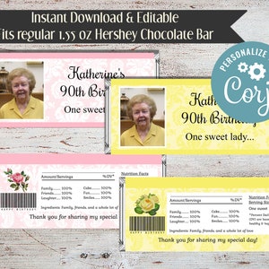 Editable Milestone Candy Bar Wrapper, Photo Chocolate Bar Wrapper, Milestone Party Favors, 90th Birthday, 80th Birthday, Digital File, DIY