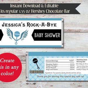 K&ouml;nnte beinhalten: Ein bedruckbarer Babyparty-Schokoladenriegel-Wrapper in Blau und Wei&szlig; mit dem Text "Jessica's Rock-A-Bye Baby Shower". Der Wrapper zeigt eine Rassel mit Fl&uuml;geln und ein N&auml;hrwert-Etikett.