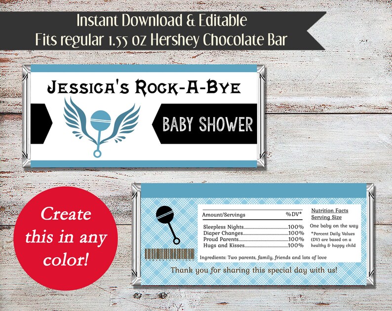 K&ouml;nnte beinhalten: Ein bedruckbarer Babyparty-Schokoladenriegel-Wrapper in Blau und Wei&szlig; mit dem Text "Jessica's Rock-A-Bye Baby Shower". Der Wrapper zeigt eine Rassel mit Fl&uuml;geln und ein N&auml;hrwert-Etikett.