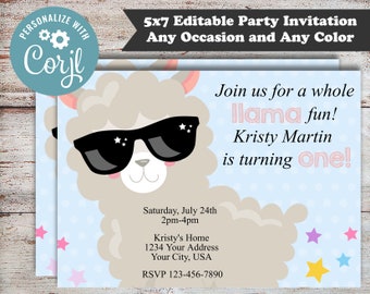 Editable Llama Birthday Party Invitations, Llama Party, Llama Invitations, Birthday Party Invitations, Boy Birthday, Girl Birthday, DIY