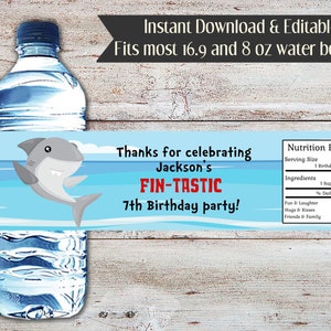 Bewerkbare haai verjaardagsfeestje waterfles wrapper, haai partij gunst, haai water wrapper, haai gunsten, digitaal bestand, instant download