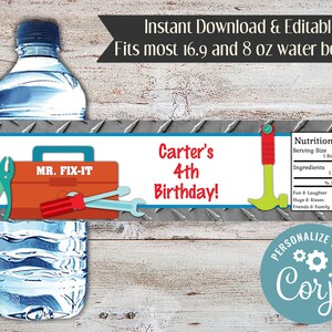Tool Birthday Water Bottle Wrapper: Editable Handyman Party Favor (Digital File)