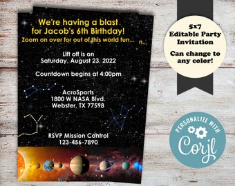 Editable Outer Space Birthday Party Invitations, Solar System Birthday Invitation, Planatarium Birthday Invitations, Digital File, Printable